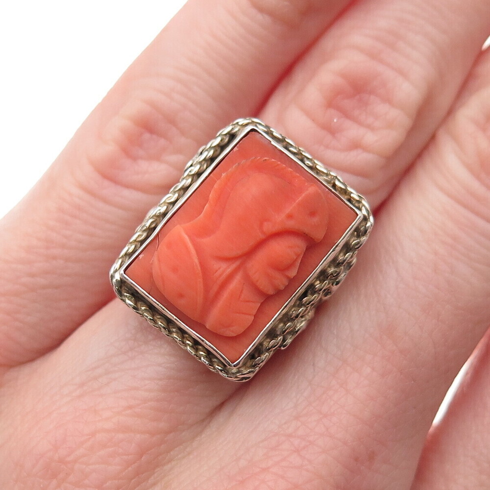 925 Sterling Silver Gold Plated Antique Art Deco Coral Warrior Cameo Ring Size 5